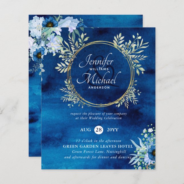 BUDGET Dusty Blue Floral Mariage Invitation (Devant / Derrière)
