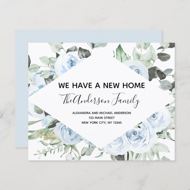 Budget Dusty Blue Floral Moving Faire-part (Devant / Derrière)