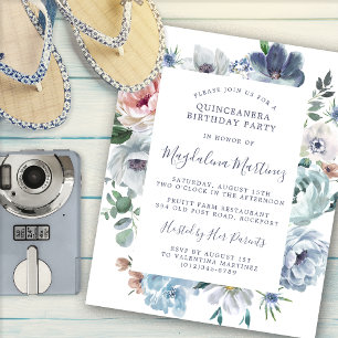 Budget Dusty Blue Floral Quinceanera Invitation