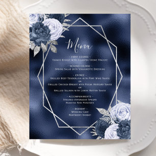 Budget Dusty Blue Floral Silver Navy Menu Mariage