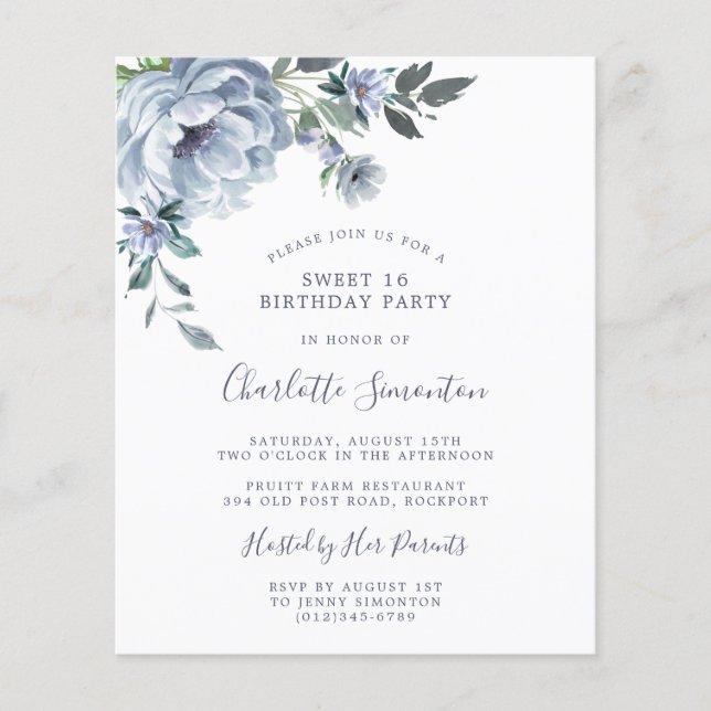 Budget Dusty Blue Floral Sweet 16 Invitation (Devant)