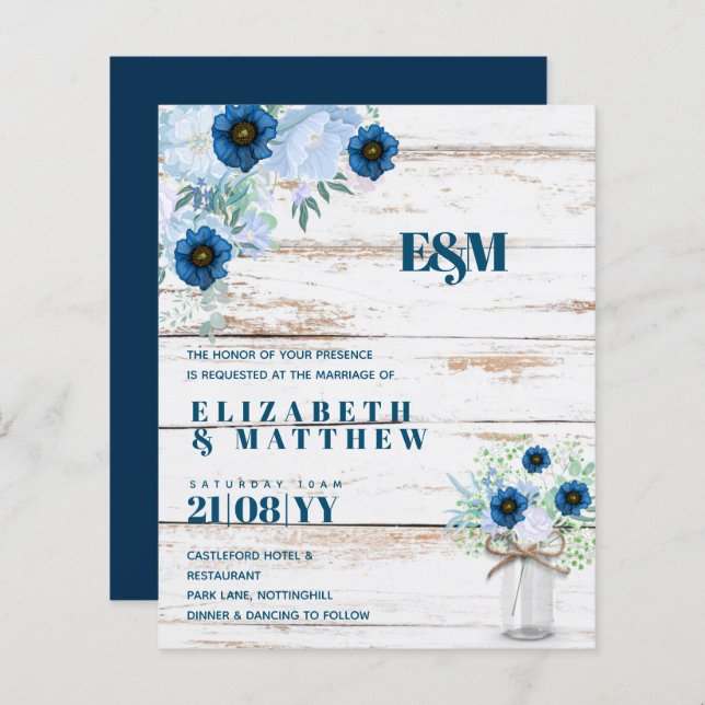 BUDGET Dusty Blue Floral Wedding Invite (Devant / Derrière)