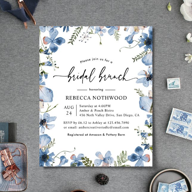 Budget Dusty Blue Florals Bridal Brunch Invitation (Créateur téléchargé)
