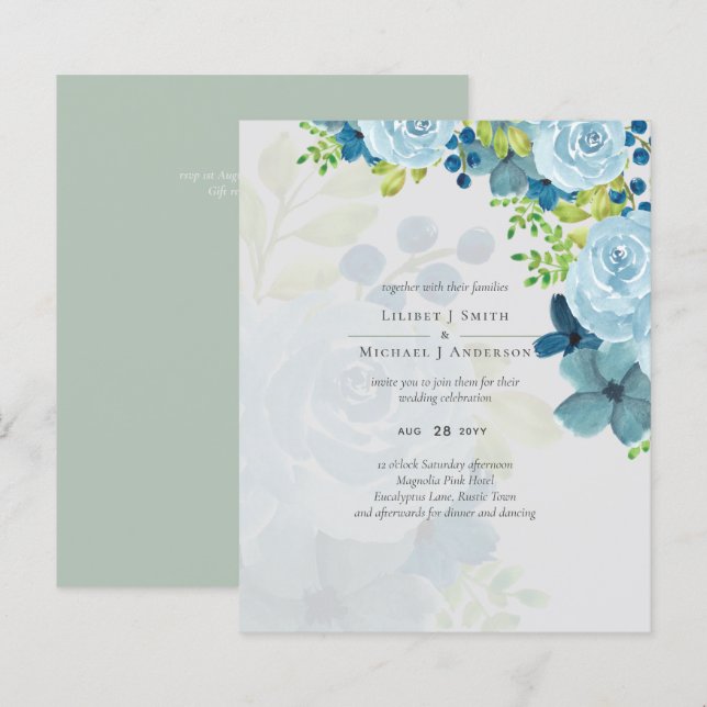 Budget Dusty Blue Flowers Sage Mariage (Devant / Derrière)