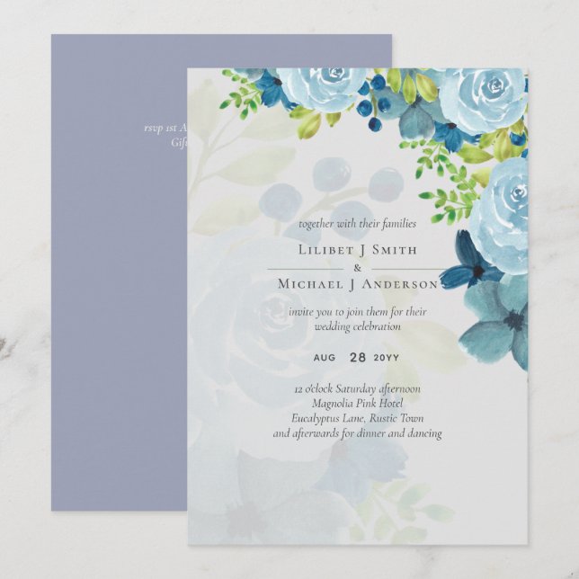 Budget Dusty Blue Flowers Sage Mariage (Devant / Derrière)