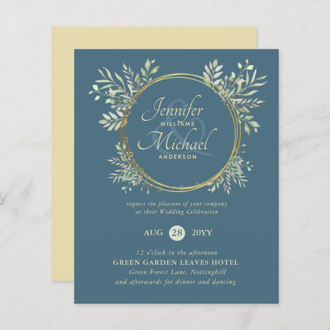 BUDGET Dusty Blue Gold Greenery Mariage Inviter (Devant / Derrière)