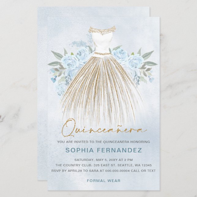 Budget Dusty Blue Gold robe Quinceañera Invitation (Devant / Derrière)