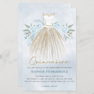 Budget Dusty Blue Gold robe Quinceañera Invitation