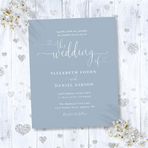 Budget Dusty Blue Hearts Script Wedding Invite