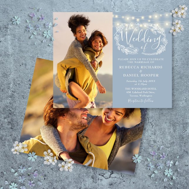Budget Dusty Blue Lights 2 Photo Wedding Invitatio (Budget Dusty Blue Lights 2 Photo Wedding Invite)