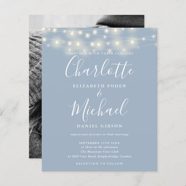 Budget Dusty Blue Lights Faire-part de mariage pho (Devant / Derrière)