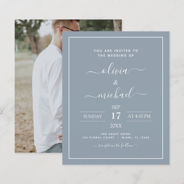 Budget Dusty Blue Mariage avec invitation photo (Devant / Derrière)
