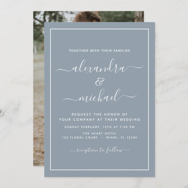 Budget Dusty Blue Mariage avec invitation photo (Devant / Derrière)