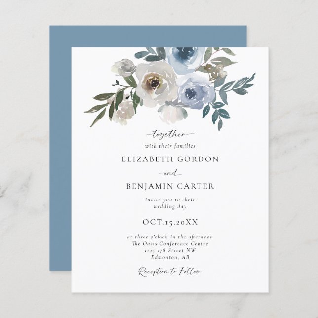 Budget Dusty Blue Mariage Floral Élégant Script (Devant / Derrière)