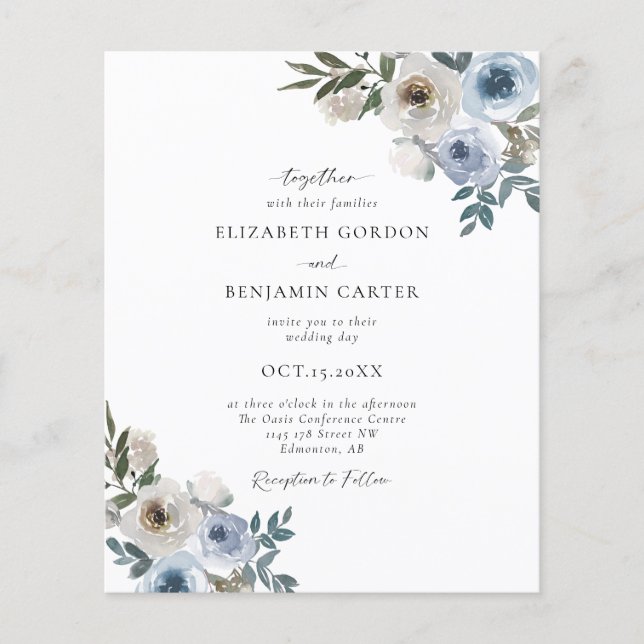 Budget Dusty Blue Mariage Floral Élégant Script (Devant)