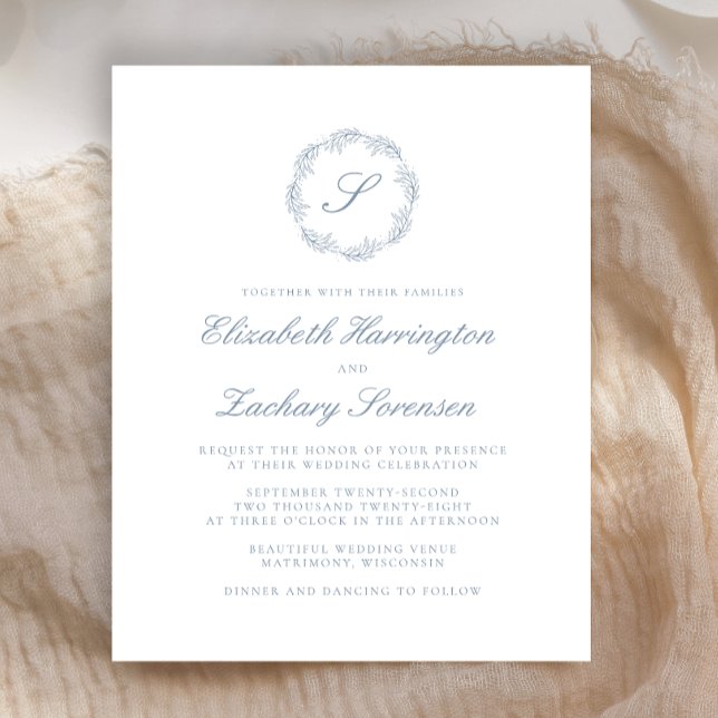 Budget Dusty Blue Monogram Wreath Script Mariage (Créateur téléchargé)