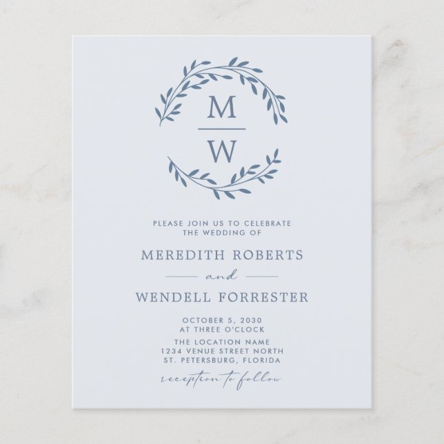 Budget Dusty Blue Monogramme Wreath Wedding Invita (Devant)