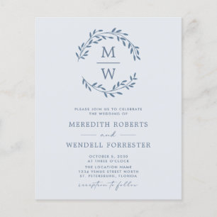 Budget Dusty Blue Monogramme Wreath Wedding Invita