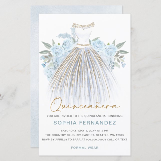 Budget Dusty Blue or robe Quinceañera Invitation (Devant / Derrière)
