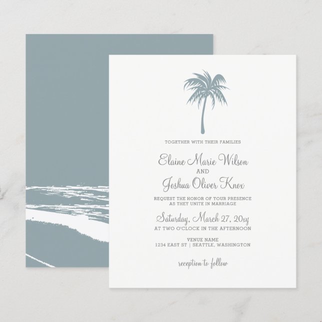 Budget Dusty Blue Palm Tree Invitations de mariage (Devant / Derrière)