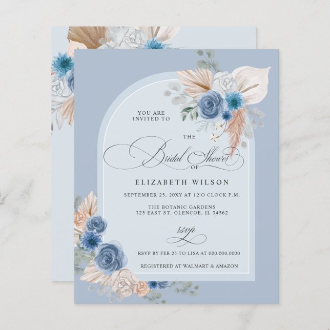 Budget Dusty Blue Pampas Bridal Shower Invitation (Devant / Derrière)