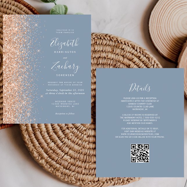 Budget Dusty Blue Peach QR Code Mariage Invitation (Créateur téléchargé)