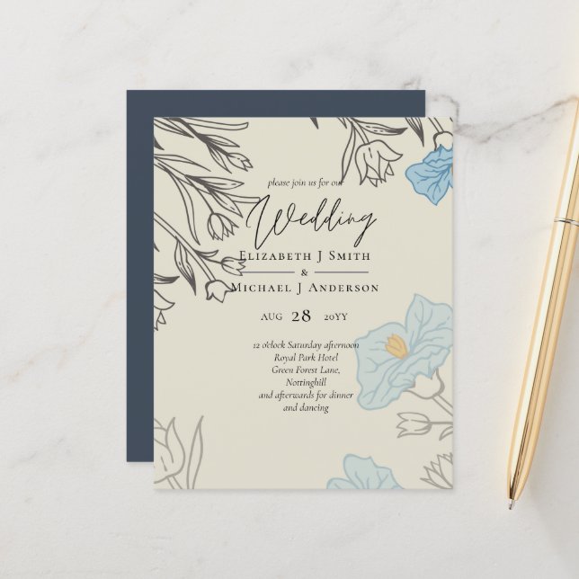 BUDGET Dusty Blue Poppy Magnolia Mariage Invitatio (Devant/Arrière en situation)