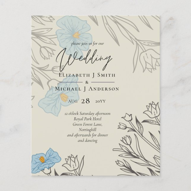BUDGET Dusty Blue Poppy Magnolia Mariage Invitatio (Devant)
