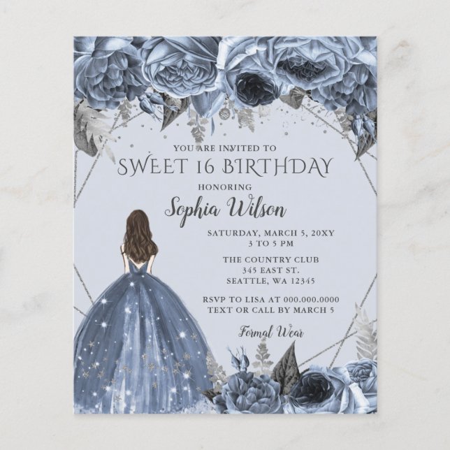 Budget Dusty Blue Princess Sweet 16 Invitation (Devant)