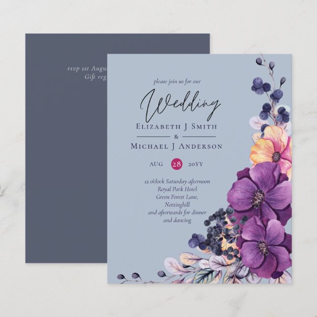BUDGET Dusty Blue Purple Floral Mariage Invite (Devant / Derrière)