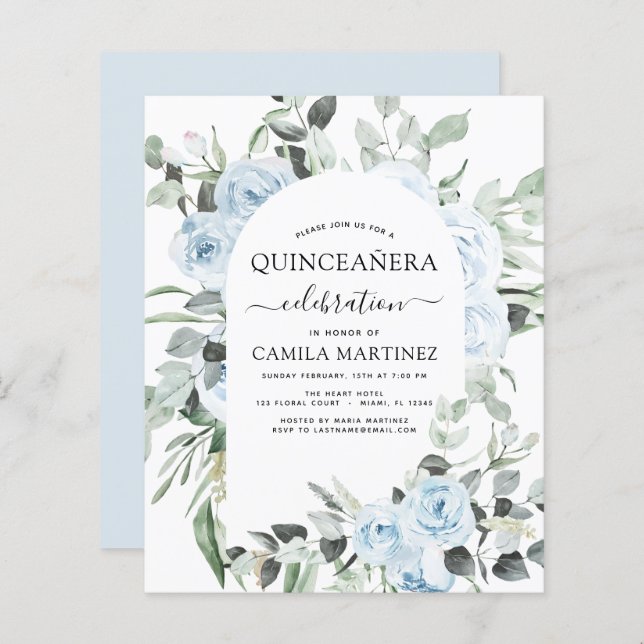 Budget Dusty Blue Quinceañera Floral Invitation (Devant / Derrière)