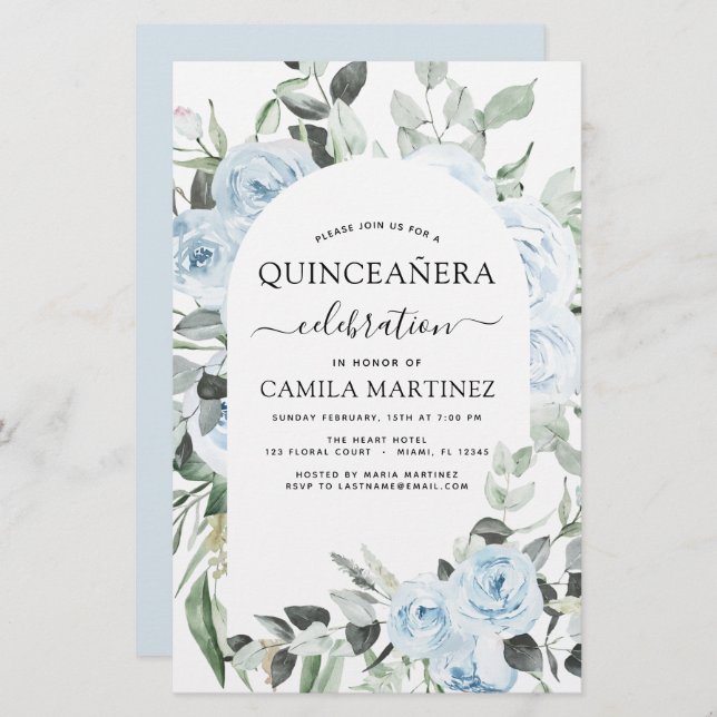 Budget Dusty Blue Quinceañera Floral Invitation (Devant / Derrière)