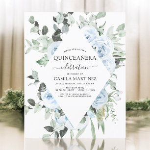 Budget Dusty Blue Quinceañera Floral Invitation