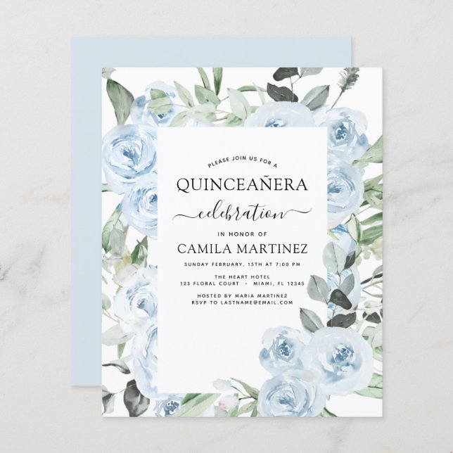 Budget Dusty Blue Quinceañera Floral Invitation (Devant / Derrière)