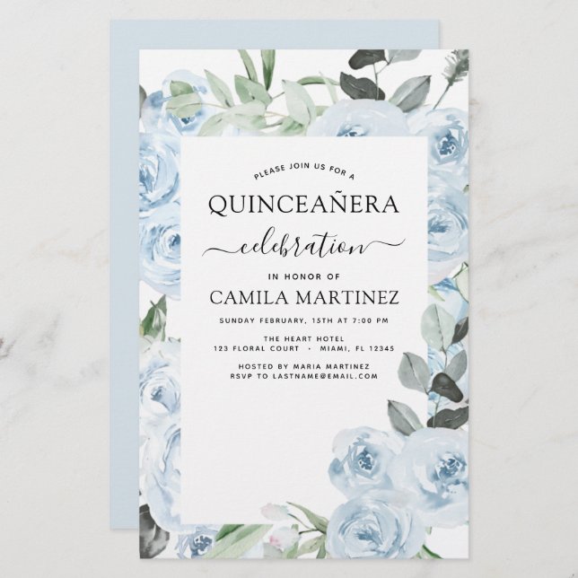 Budget Dusty Blue Quinceañera Floral Invitation (Devant / Derrière)