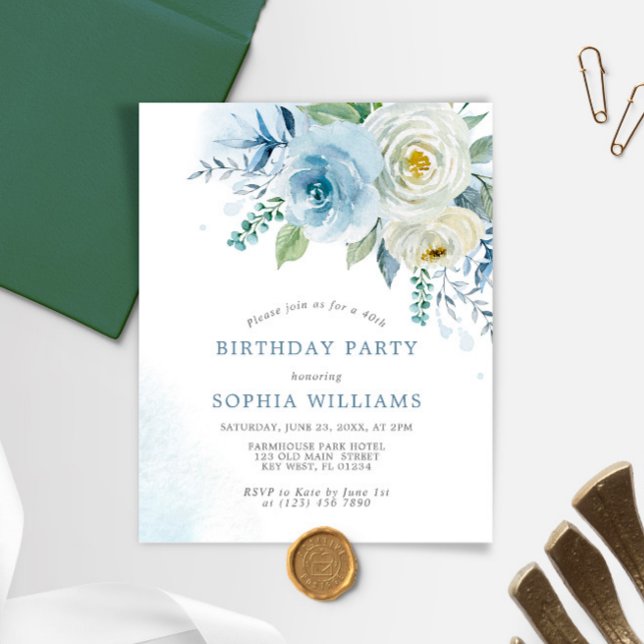 Budget Dusty Blue Rose Anniversaire Fête Invitatio (Créateur téléchargé)