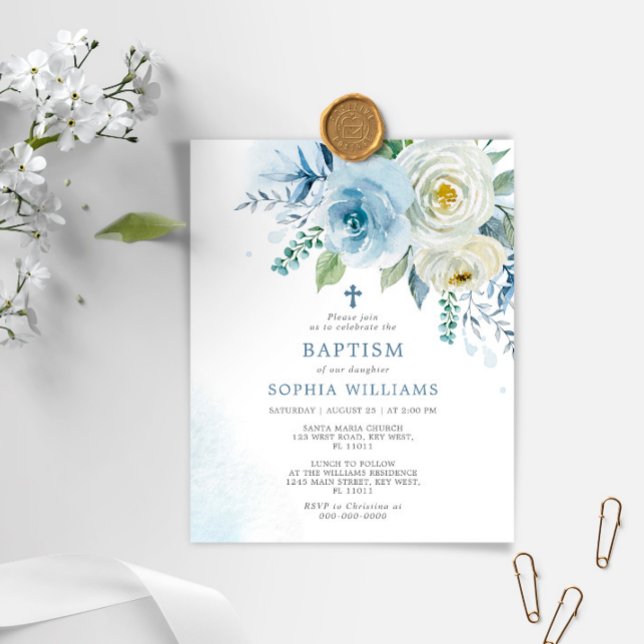 Budget Dusty Blue Rose Floral Baptism Invitation (Créateur téléchargé)