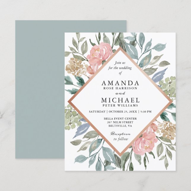 Budget Dusty Blue Rose Floral Mariages Invitations (Devant / Derrière)