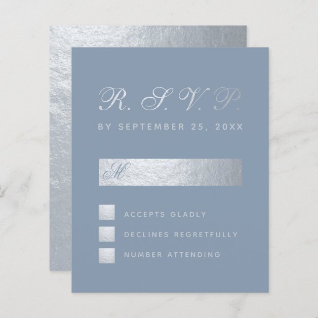 Budget Dusty Blue Silver Calligraphie Mariage RSVP (Devant / Derrière)