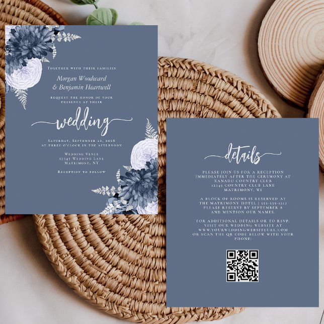 Budget Dusty Blue Silver Floral QR Code Wedding (Créateur téléchargé)