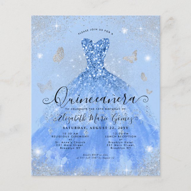 Budget Dusty Blue Silver Gown Quinceanera Invitati (Devant)