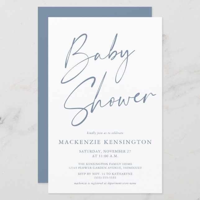 Budget Dusty Blue Simple Script Baby shower (Devant / Derrière)