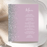 Budget Dusty Lilac Silver Parties scintillant Menu<br><div class="desc">Le bord gauche de cet élégant menu mariage moderne présente une bordure de parties scintillant en faux argent. Le texte personnalisable combine un script d'écriture manuscrite blanc et des polices de cuivre sur un arrière - plan lilas poussiéreux. L'envers présente un design lilas et argent poussiéreux assorti.</div>