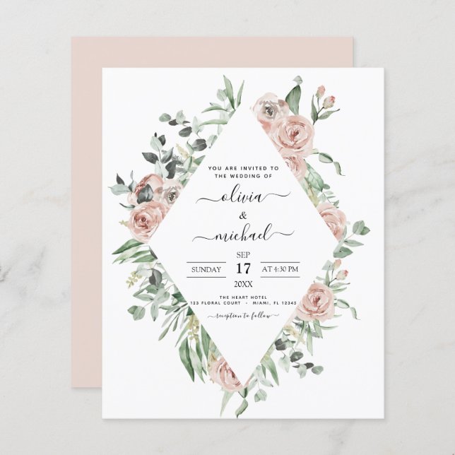 Budget Dusty Pink Eucalyptus Faire-part de mariage (Devant / Derrière)