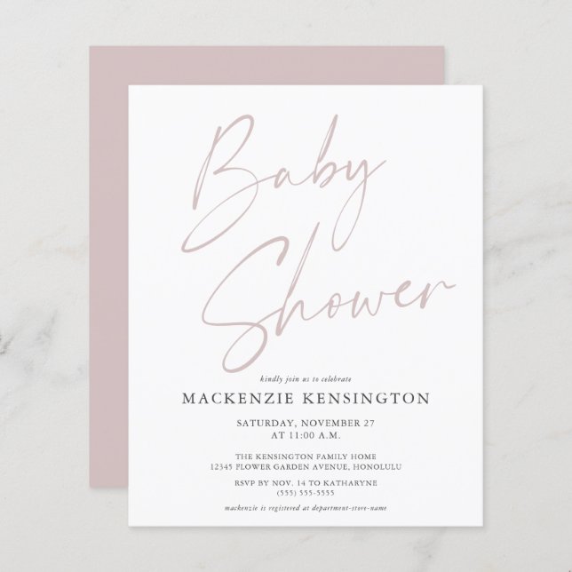 Budget Dusty Pink Script Baby Girl Douche Invitati (Devant / Derrière)