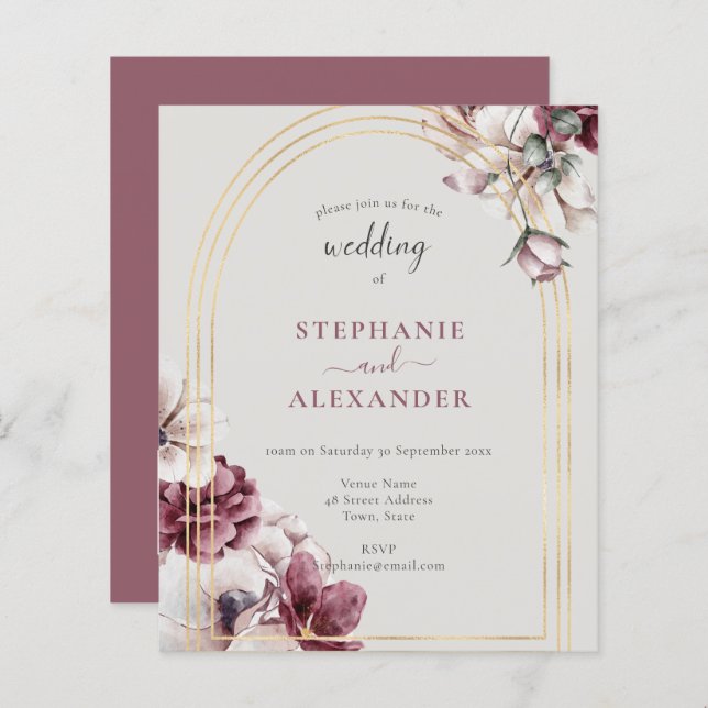 Budget Dusty Plum Floral Mariage QR Code Invitatio (Devant / Derrière)