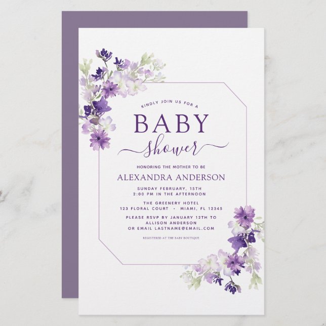 Budget Dusty Purple Floral Baby shower de verdure (Devant / Derrière)