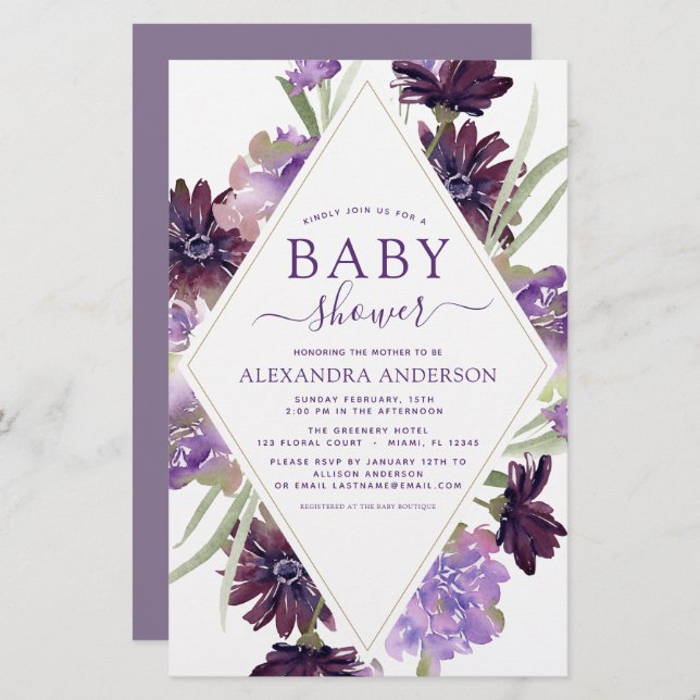 Budget Dusty Purple Floral Baby shower de verdure (Devant / Derrière)