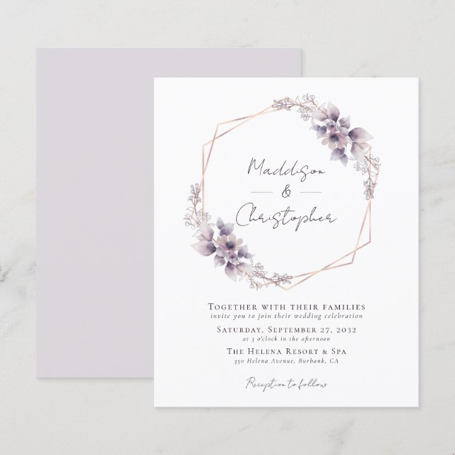 Budget Dusty Purple Floral Faire-part de mariage (Devant / Derrière)