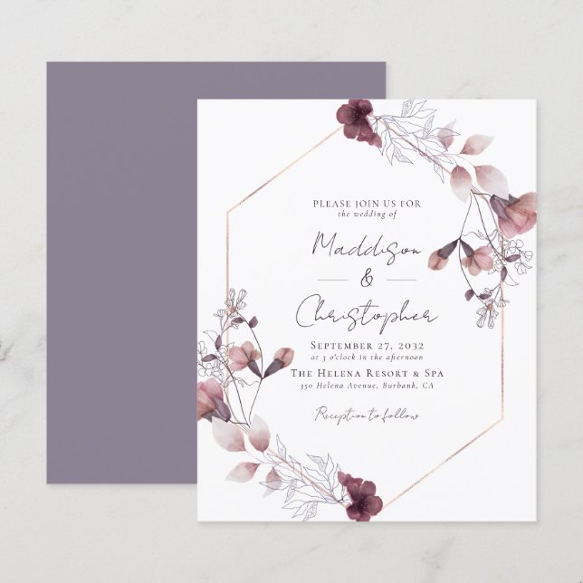 Budget Dusty Purple Floral Faire-part de mariage (Devant / Derrière)